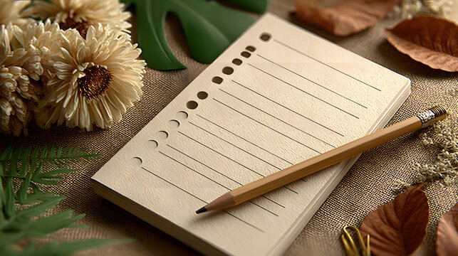 Blank Notebook with Pencil and Autumnal Decorations Planning and Organization