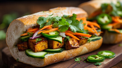 Close-Up of Vegan Banh Mi Sandwich with Marinated Tofu, Pickled Carrots, Daikon, Cucumber, Jalapenos, and Cilantro in Crusty Baguette (AI Image)