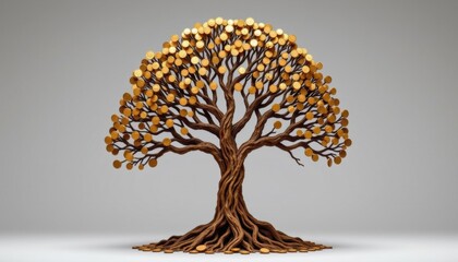 A sculpture of a tree made entirely out of interconnected coins and intricate circuits, symbolizing the fusion of nature and technology in a unique and visually stunning way.