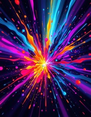 a vibrant neon digital artwork with glowing, pulsating paint splashes, creating an energetic futuristic vibe.