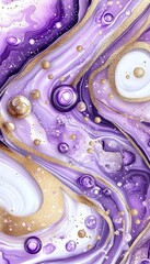 Swirling purple and gold abstract art with glossy bubbles and glitter