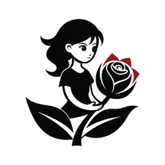 rose vector with girls hand black silhouette vector icon