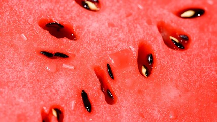 Closeup of Red Watermelon Flesh with Seeds Macro Photography