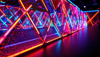 Imagine a intricate triangle mesh structure illuminated by vibrant neon lights, casting a mesmerizing glow that creates a futuristic and dynamic visual experience.