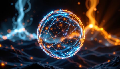 The glowing wireframe sphere appears as a three dimensional geometric shape created by connecting different points in space with glowing lines
