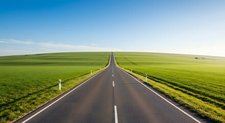 Road Through Green Field Under Blue Sky