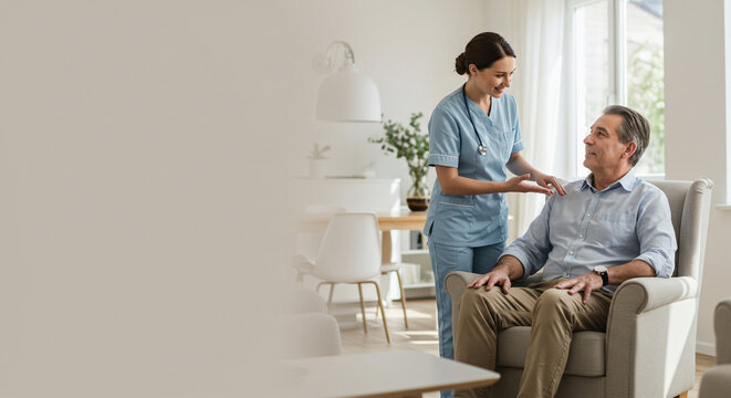 Senior care at home concept: nurse assisting elderly man in comfortable armchair setting
