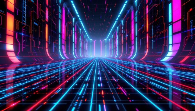 The futuristic digital landscape is filled with endless grids that glow in various colors, creating a mesmerizing and immersive environment that seems to stretch on infinitely.