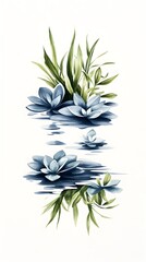 Serene water lilies and aquatic plants reflected in calm water