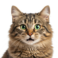 Close-up portrait of a surprised tabby cat