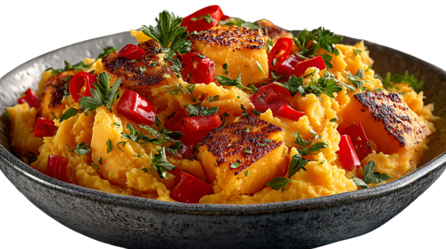 Sweet Potato Mash with Roasted Cubes and Chili Flakes Gourmet Dish Photography