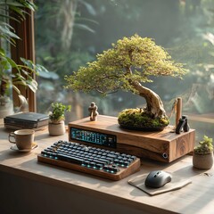 A serene, zen-inspired computer setup featuring a wooden monitor stand, wireless peripherals, and a small bonsai, bathed in soft daylight for a peaceful, elegant workspace