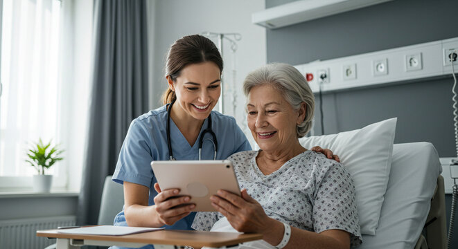 Nurse showing tablet to senior patient in hospital bed for medical consultation care
