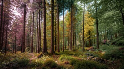 Obraz premium Lush Tranquil Forest Scene with Towering Trees and Vibrant Greenery in Autumn Light, Perfect for Nature and Landscape Photography