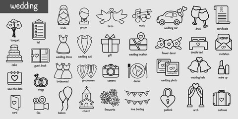 Set of outline wedding icons, Wedding elements collection, Marriage icon vector
