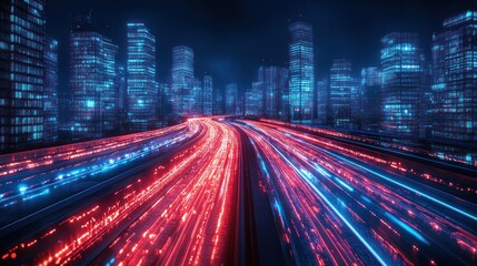 Obraz premium Futuristic Cityscape: Night Traffic Trails and Illuminated Skyscrapers