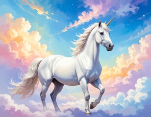 Majestic White Unicorn Galloping Through Colorful Dreamy Sky