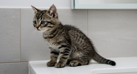 Adorable Tabby Kitten with Blue Eyes Sitting on White Counter