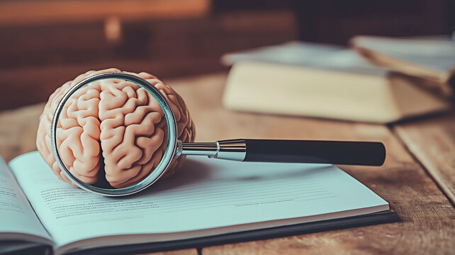Exploring the Mind's Depths: A magnifying glass focuses on a brain model atop an open book, a symbol of intellectual curiosity and the pursuit of knowledge.