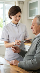 Obraz premium Home healthcare services: nurse assisting senior man with medication management at home visit