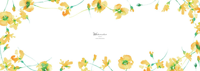 水彩画。水彩タッチの黄色い花ベクターイラスト。黄色い花のフレーム素材。春の花。Watercolor painting. Yellow flower vector illustration with watercolor touch. Yellow flower frame material. Spring flowers.