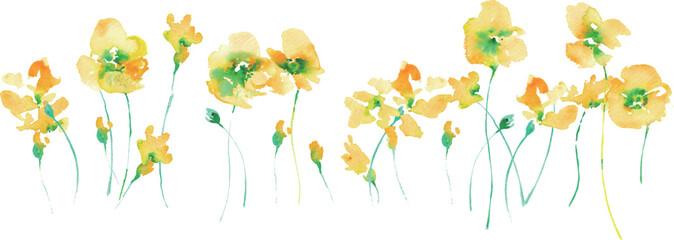水彩画。水彩タッチの黄色い花ベクターイラスト。黄色い花のフレーム素材。春の花。Watercolor painting. Yellow flower vector illustration with watercolor touch. Yellow flower frame material. Spring flowers.