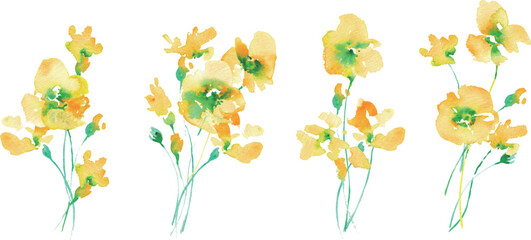 水彩画。水彩タッチの黄色い花ベクターイラスト。黄色い花のフレーム素材。春の花。Watercolor painting. Yellow flower vector illustration with watercolor touch. Yellow flower frame material. Spring flowers.