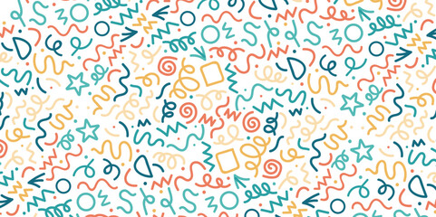 Colorful line drawing doodle seamless pattern. Creative minimalist line draw background trendy design. Creative style art background for children or trendy design with basic shapes 