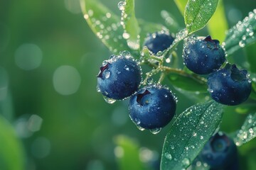 Close-up of fresh blueberries covered in dew drops on a branch, vibrant green foliage in the background