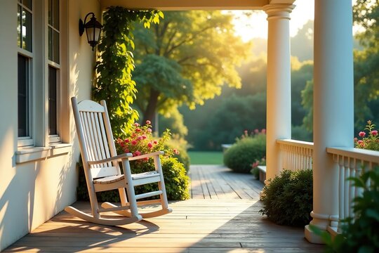 A rocking chair sits on a sunlit porch, overlooking a garden, retirement, view