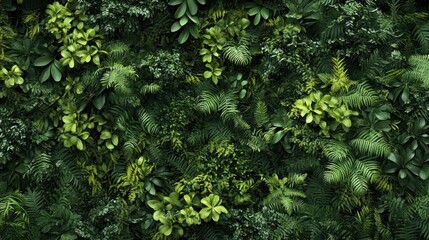 Lush green foliage wall, various plant types densely packed together creating a vibrant, natural backdrop