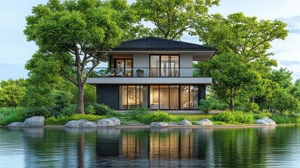 Obraz premium Secluded luxury home on the water surrounded by lush green trees