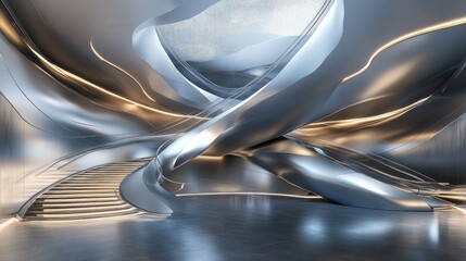 Futuristic, modern architectural interior with curved metallic staircase and walls.  