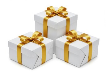 Obraz premium Three white gift boxes with gold ribbons stacked on a white background