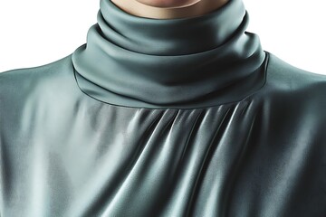 Close-up of a smooth, draped, sage-green turtleneck blouse