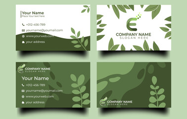 A vector design template showcases a set of eco business cards featuring a natural green leaf illustration for a modern and organic concept