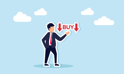 Businessman Showing BUY Text with Downward Red Arrow Illustration of Decreasing Purchasing Power