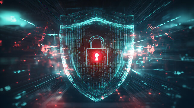 Artist's rendering of a transparent, glowing digital shield protecting a stylized padlock in the center, with binary codes and abstract data lines flowing around and being repelled by the shield. 