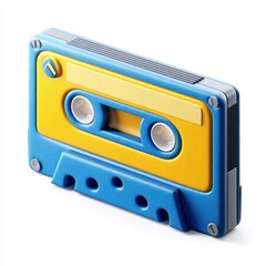 Obraz premium Retro Blue and Yellow Textured Cassette Tape on White
