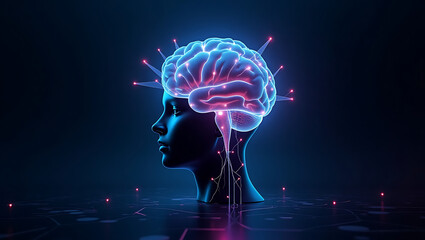 Hyper-realistic 3D visualization of a glowing digital human brain, with glowing neural networks and abstract data streams connecting it to a stylized globe. 
