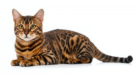 Alert Brown Tabby Bengal Cat Lying on White Background
