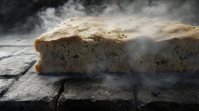 Artisanal loaf steaming on dark stone, evoking warmth and culinary delight