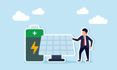 Businessman Standing Beside Solar Panel and Battery Illustration of High Performance Renewable Energy Power Plant