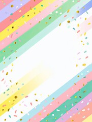 Fototapeta premium A colorful, festive border with diagonal pastel stripes and scattered confetti surrounds a blank white center.