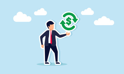 Businessman shows dollar sign and continuous symbol illustration of utilizing company finances for continuous growth