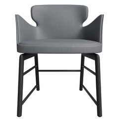 Grey upholstered chair with dark legs.  Modern, simple design