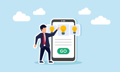 Businessman standing beside smartphone displaying light bulb icons, illustration of selecting and determining the right business idea