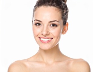Obraz premium Cheerful Young Woman with Radiant Smile on a Bright Background