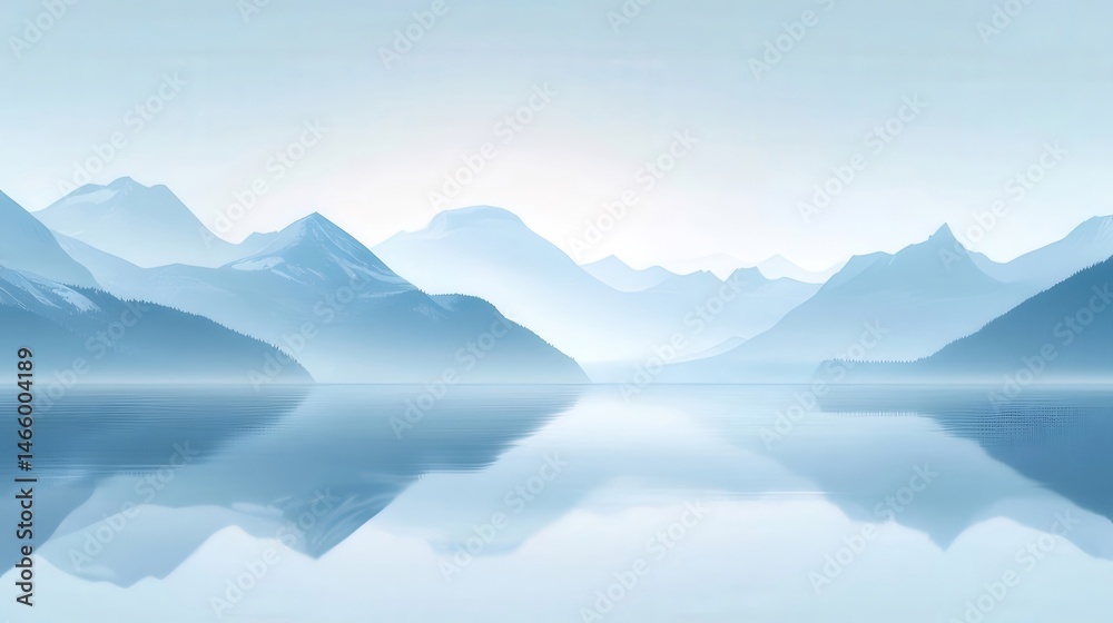 Poster 氷河湖の穏やかな青色の山脈のパノラマの風景 反射と穏やかな水面