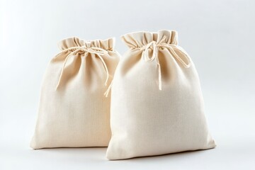 Obraz premium Two beige reusable cloth bags, drawstring closure, simple design, stacked on white background